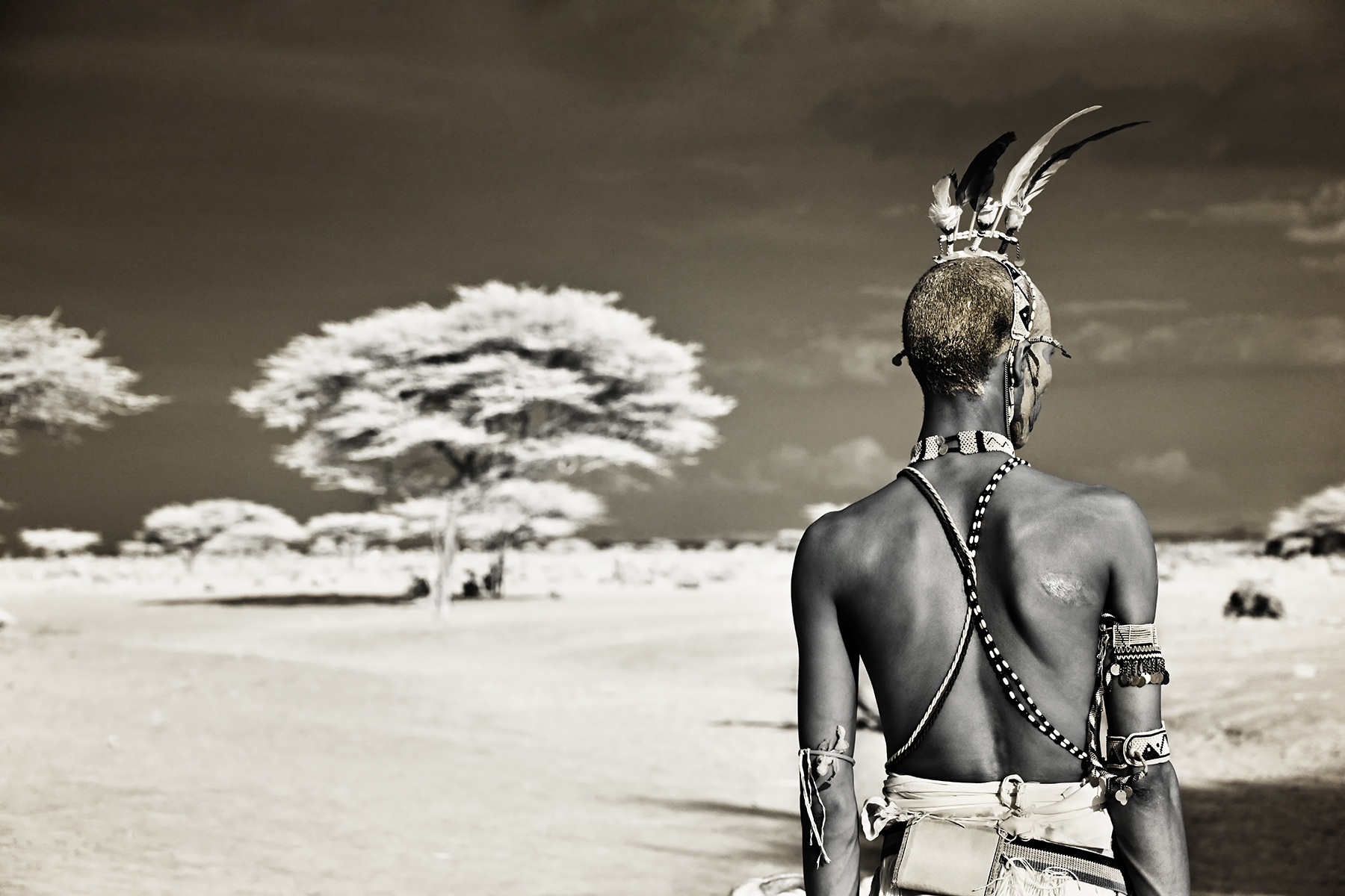 FIne art tribal print of a Rendile warrior in the African landscape in Kenya