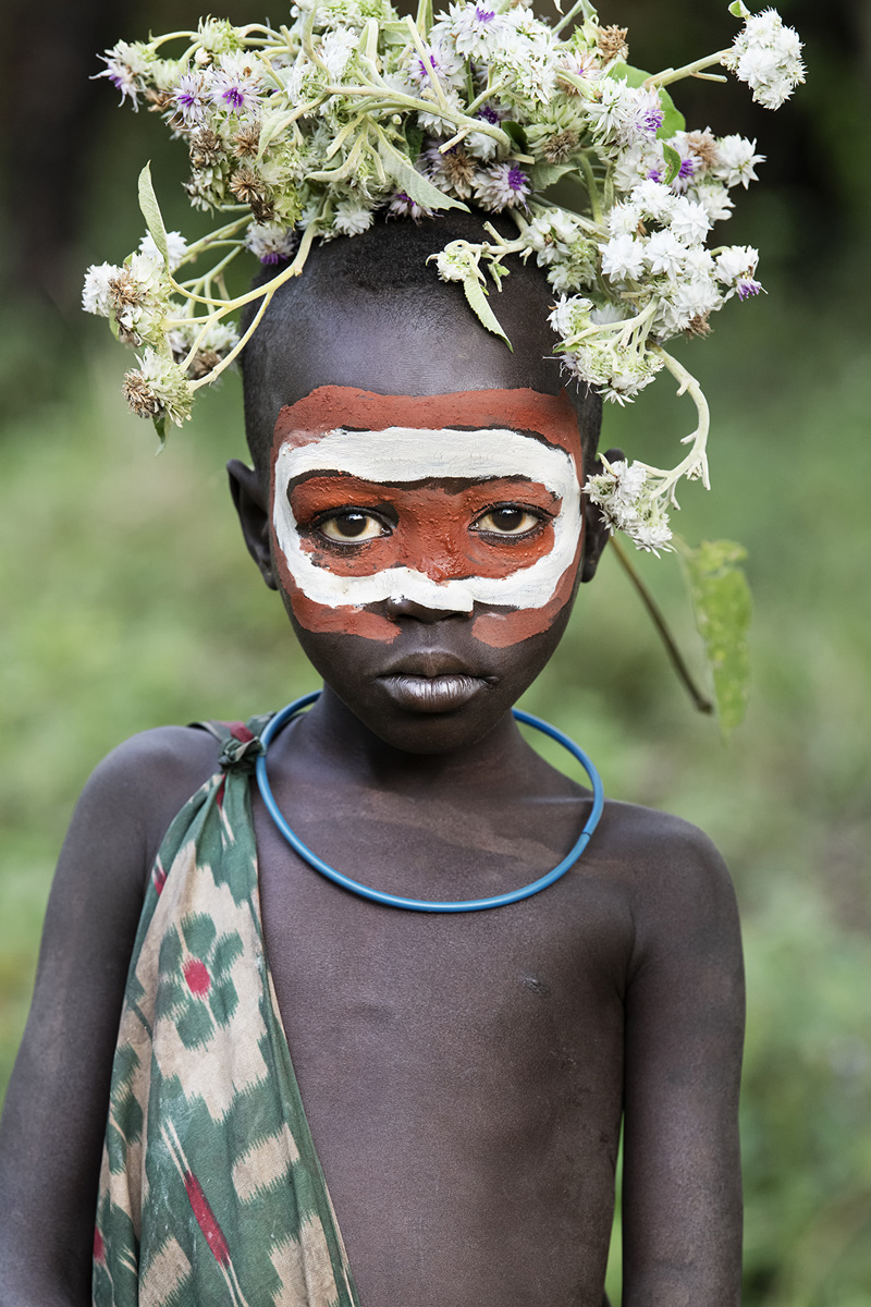 Fine art tribal print portrait of a beautiful Suri boy